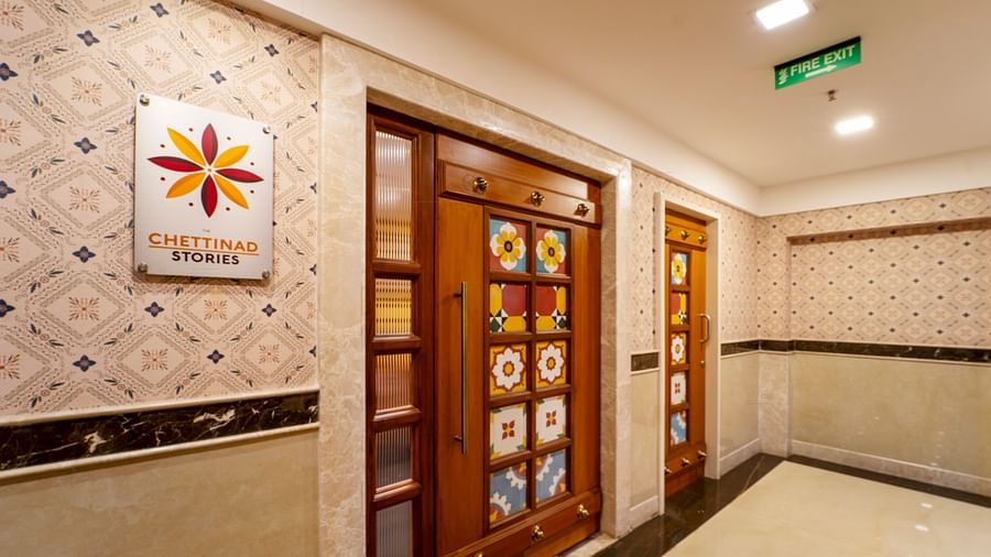 outside image of the entrance of the chettinad stories with the logo 