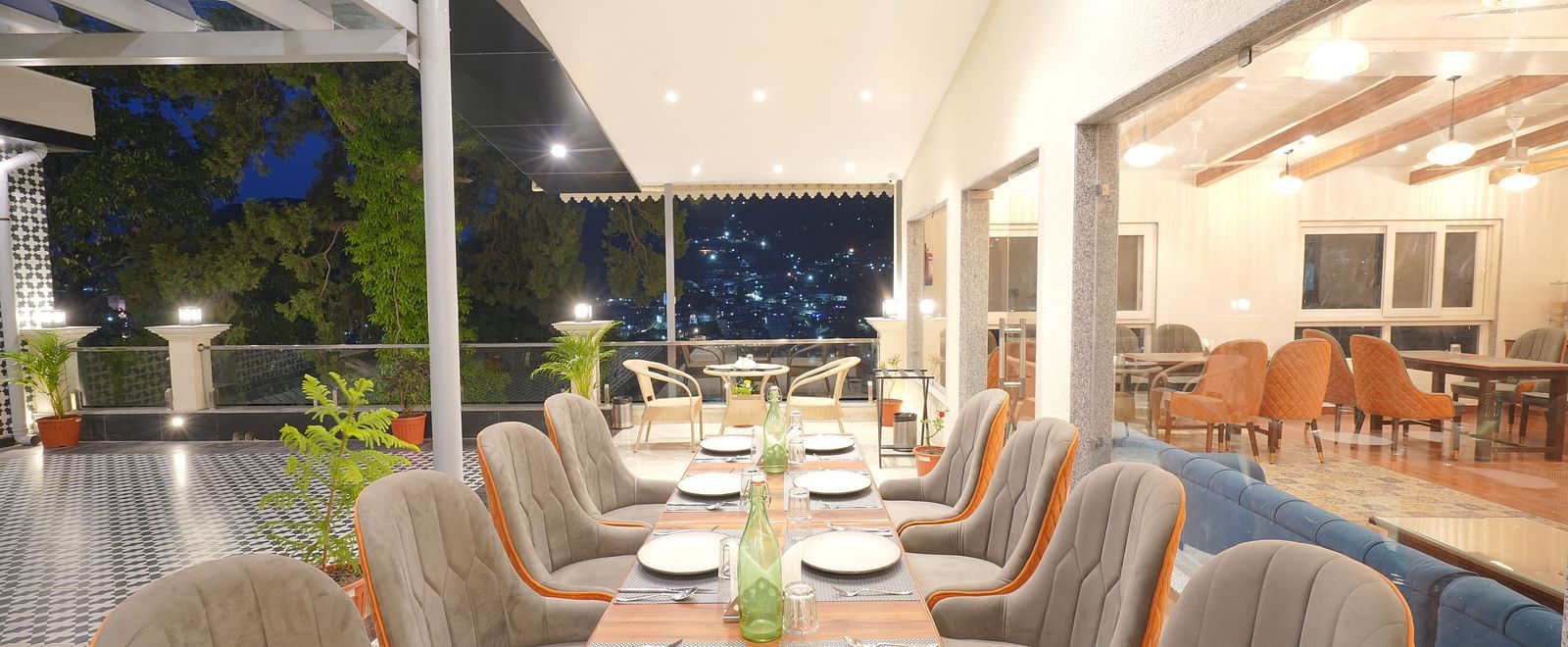 Dining area on the rooftop at DLS Oak Bush, Mussoorie.