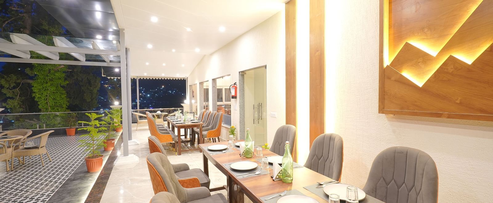 Dining area on the rooftop at DLS Oak Bush, Mussoorie.
