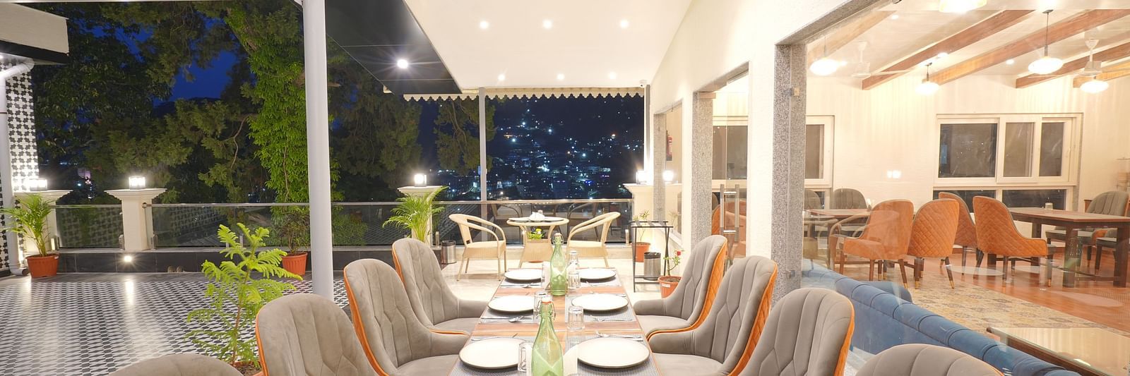 Dining area on the rooftop at DLS Oak Bush, Mussoorie.