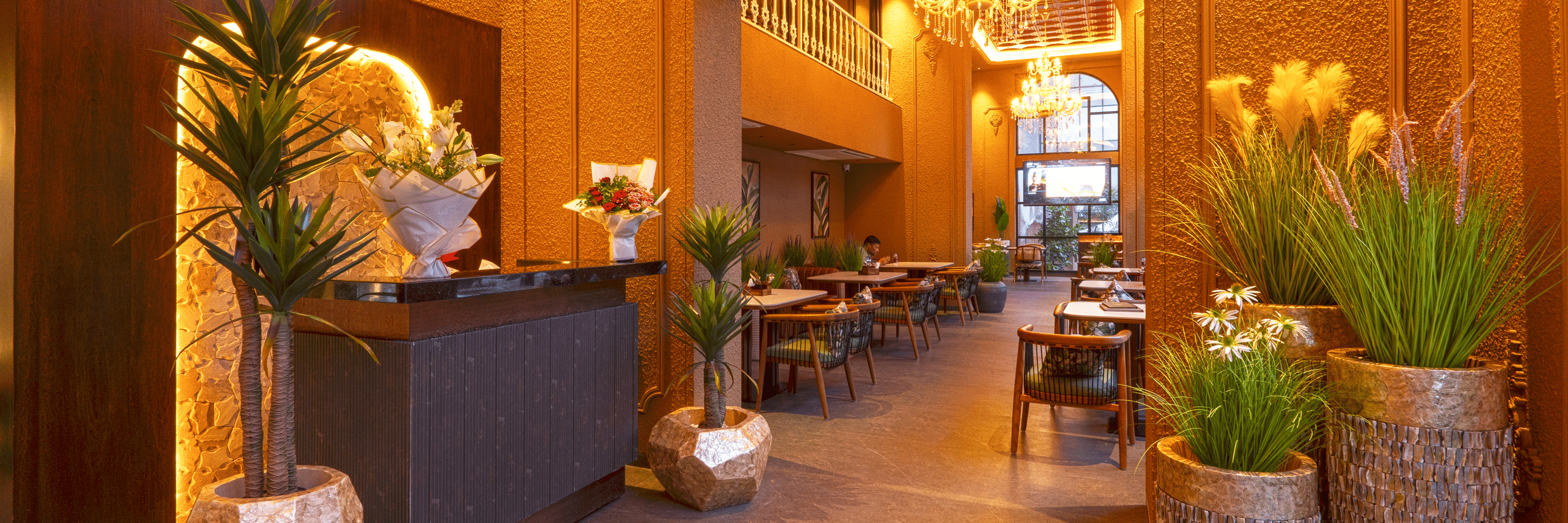 Exterior view of Cocobrisa showcasing the illuminated restaurant signage, elegant arched windows, landscaped entrance, staircase, and a welcoming modern façade at dusk.