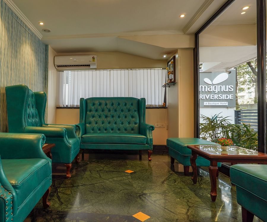 Blue sofa with glass windows