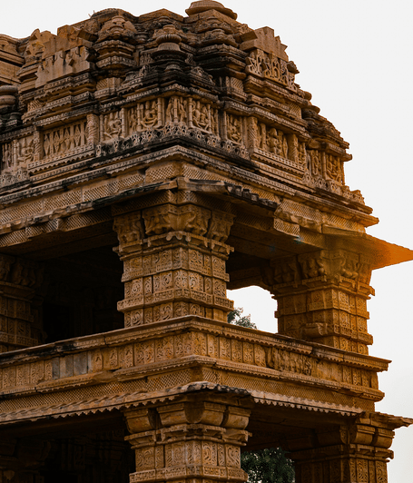 Close-up view of intricately carved ancient temple architecture with detailed stone craftsmanship of Saas Bahu Temple.