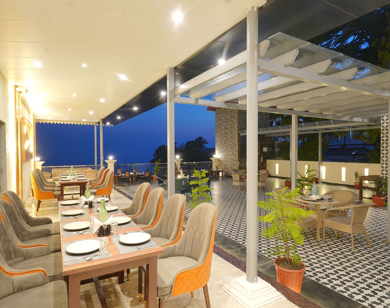 Dining area on the rooftop at DLS Oak Bush, Mussoorie.