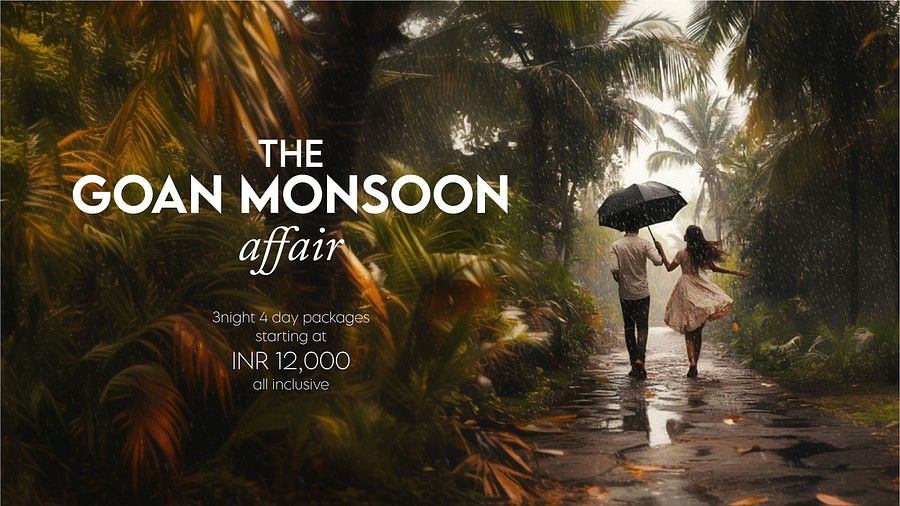 Romantic couple walking under an umbrella on a rain-soaked tropical path surrounded by lush green palm trees. The scene promotes a 'Goan Monsoon Affair' travel package with 3-night, 4-day stays starting at INR 12,000, all inclusive.