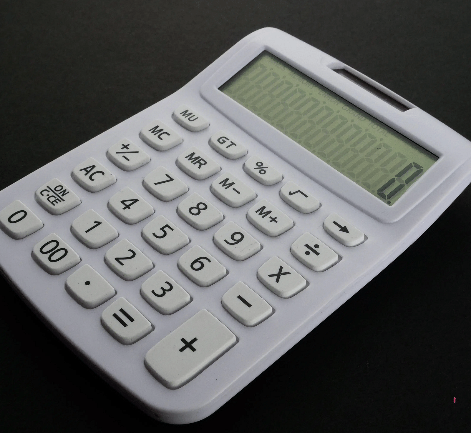 A close up shot of a white coloured calculator.