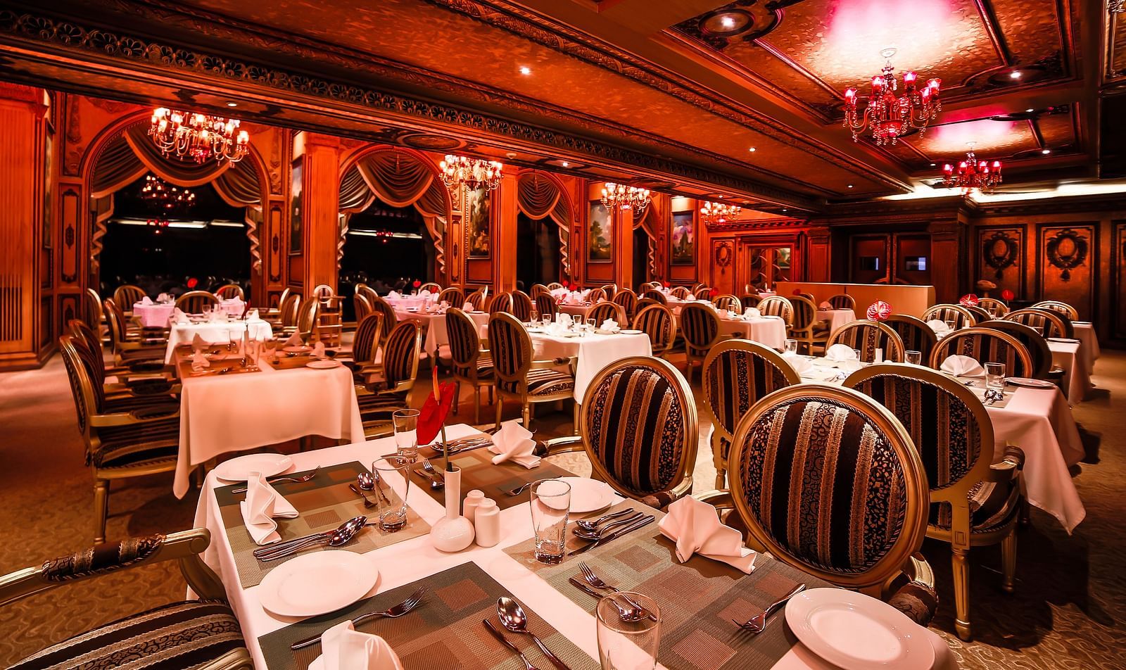 Dining arrangement in the restaurant at Sitara Luxury Hotel in Hyderabad near Ramoji Film City