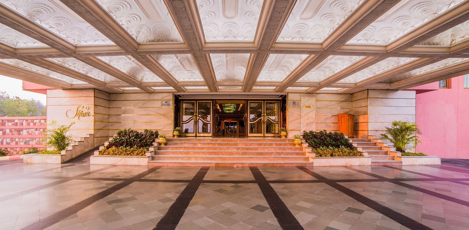 Entry to Sitara Luxury Hotel in Hyderabad near Ramoji Film City covered by roof lights