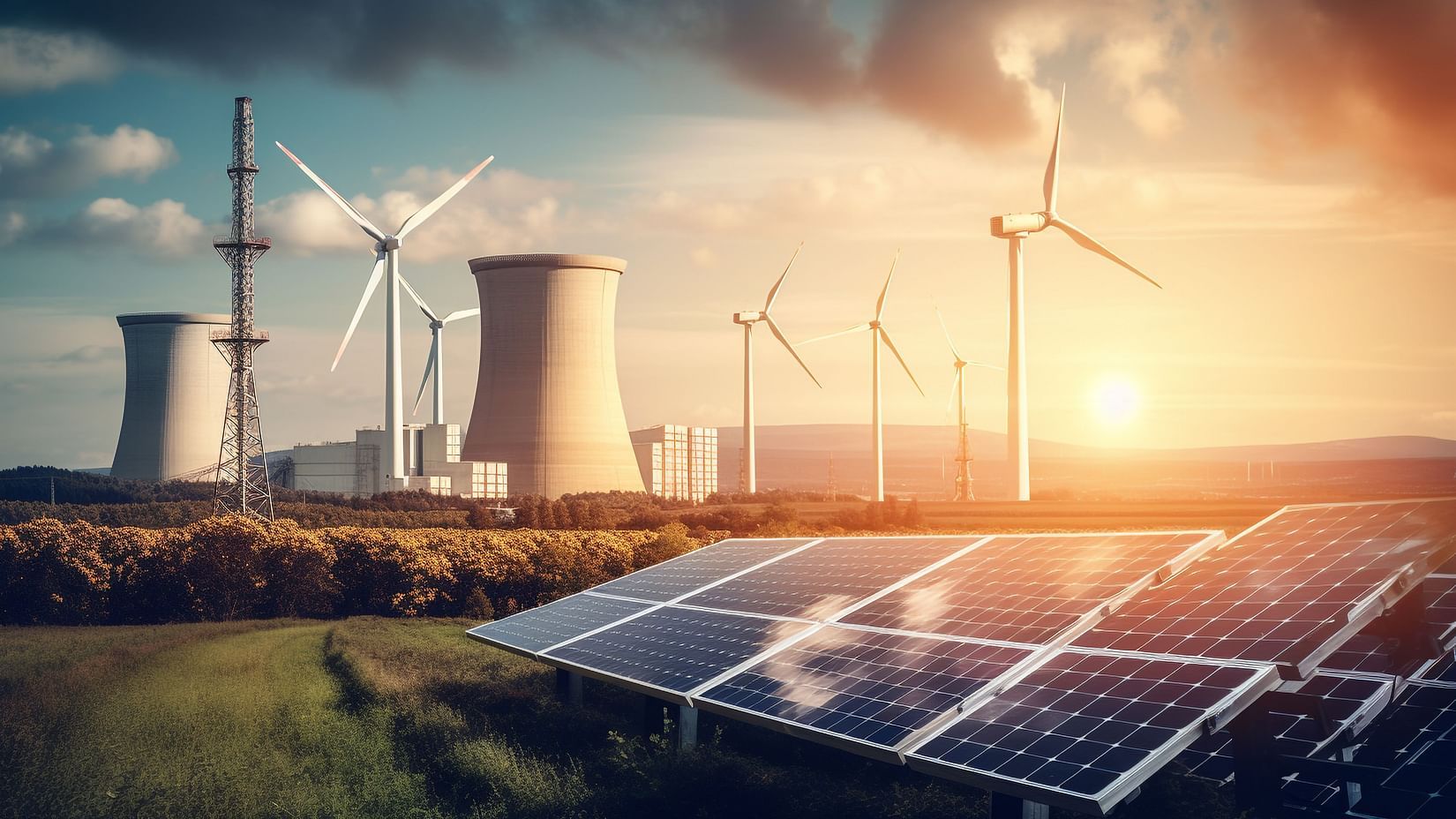 Solar panels and wind turbines at sunset – Power and Energy Kenya 2025 energy expo banner