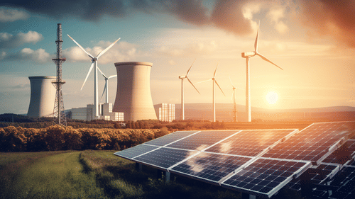 Solar panels and wind turbines at sunset – Power and Energy Kenya 2025 energy expo banner