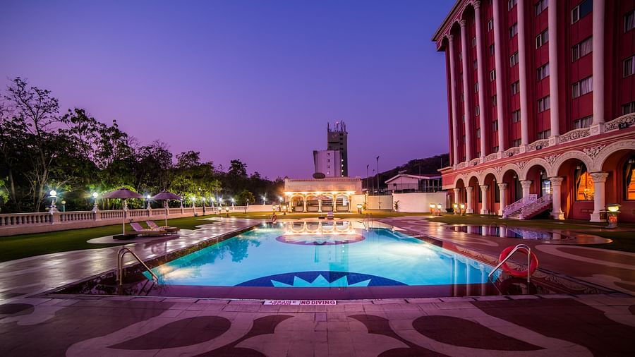 Swimming pool at Sitara Luxury Hotel in Hyderabad near Ramoji Film City during blue hour
