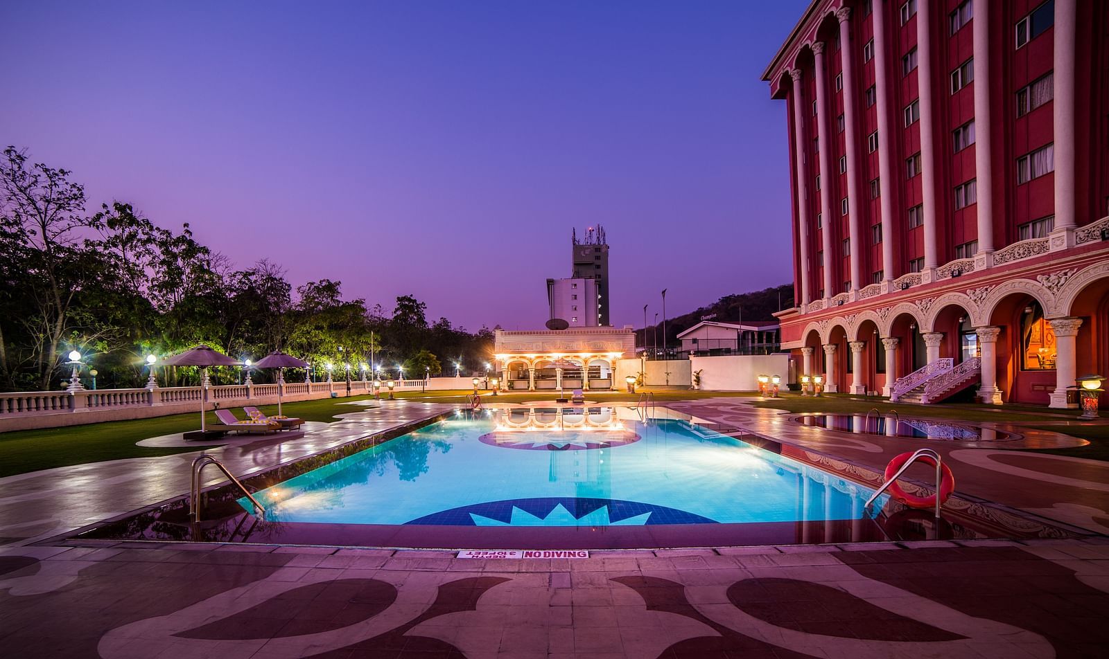 Swimming pool at Sitara Luxury Hotel in Hyderabad near Ramoji Film City during blue hour