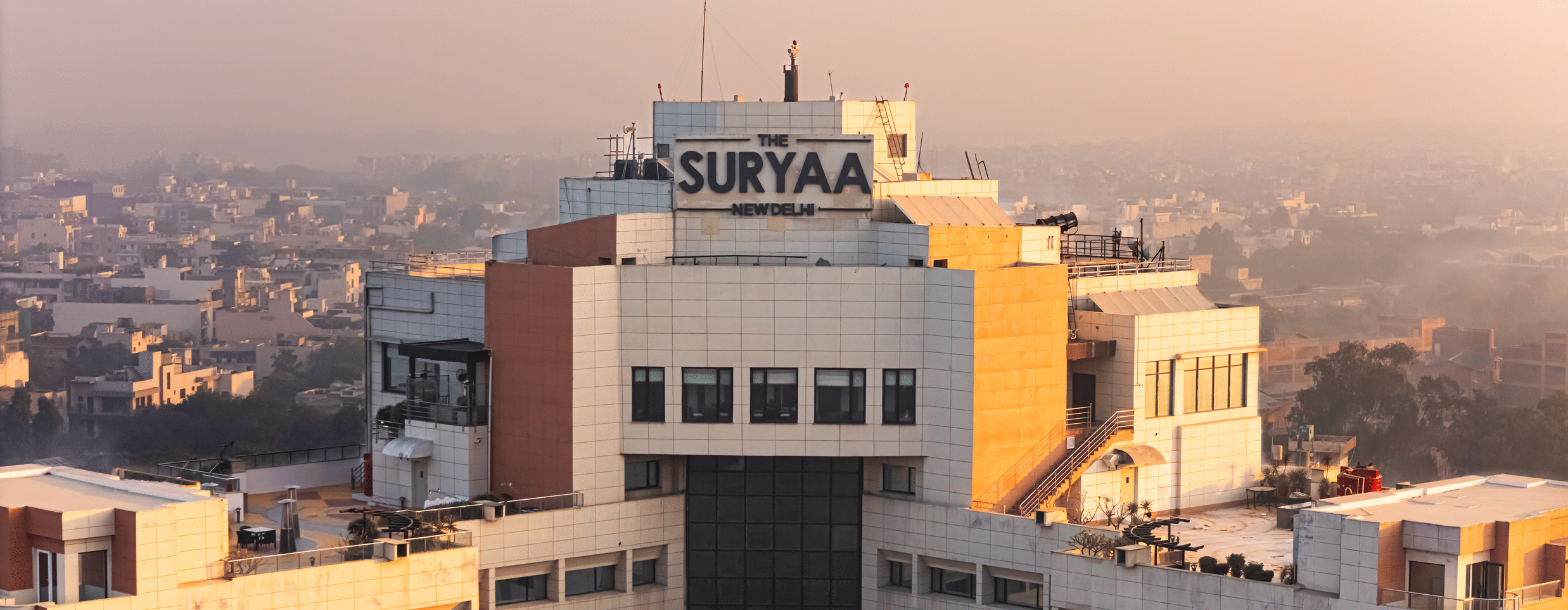 A detailed close-up of the facade reflecting the design of The Suryaa New Delhi