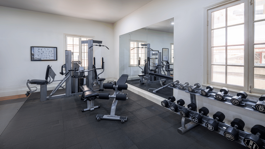Fitness centre with exercise equipment, free weights, and large windows at Central Mansions, Phnom Penh.