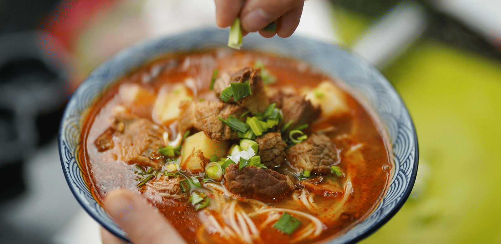 A close up shot of a bowl containing soupy Ramen garnished with chopped spring onions.