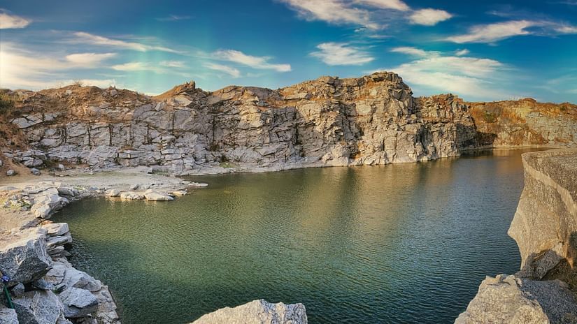 aerial view of a lake in a canyon