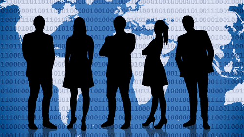 Silhouette of three men and two women in front of a wold map to show networking. 