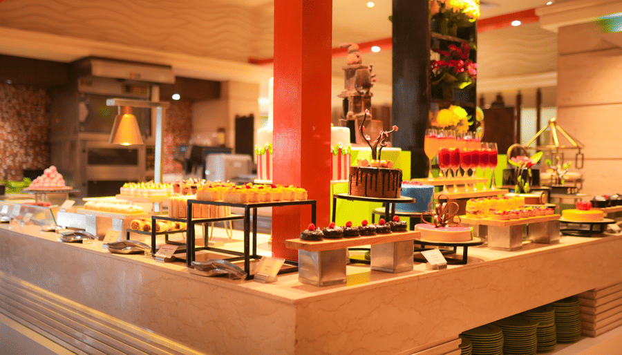 A buffet counter with trays of food arranged on raised stands inside a restaurant at The Suryaa, New Delhi.