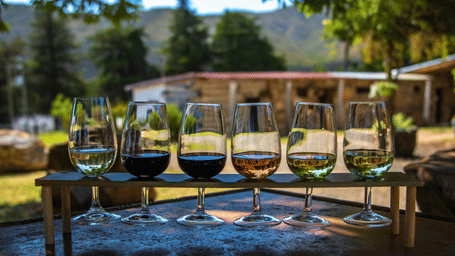 A tester platter featuring 6 wine glasses each containing a different wine for tasting.