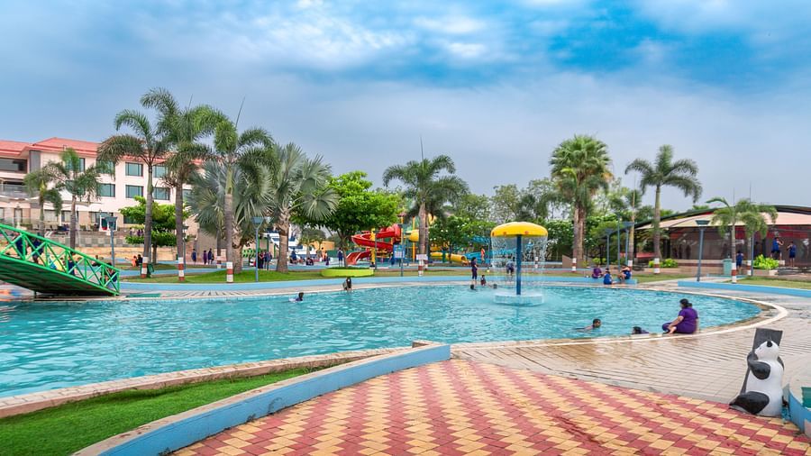 A wide shot of the swimming pool at the water park in Indore