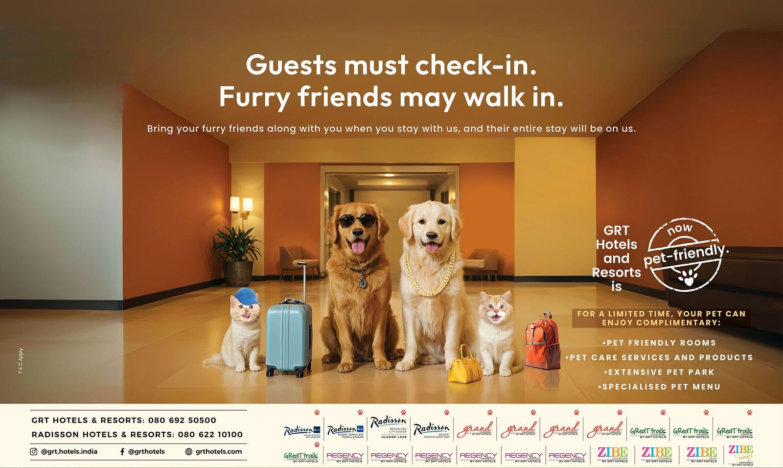 Promotional poster with a dog and luggage, highlighting pet-friendly hotel policies of GRT Hotels