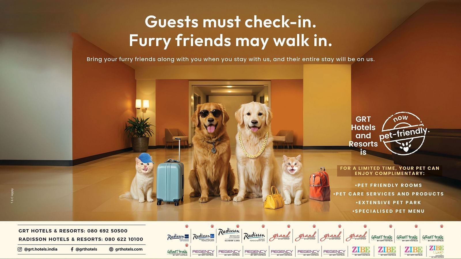 Promotional poster with a dog and luggage, highlighting pet-friendly hotel policies of GRT Hotels