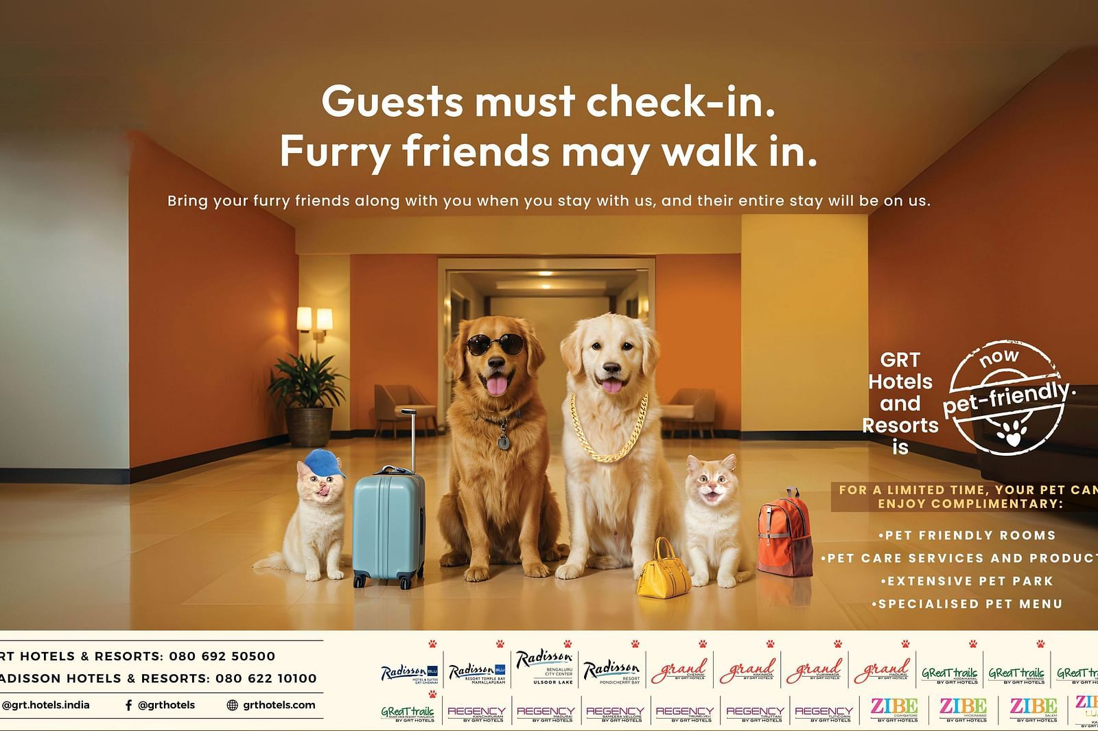 Promotional poster with a dog and luggage, highlighting pet-friendly hotel policies of GRT Hotels