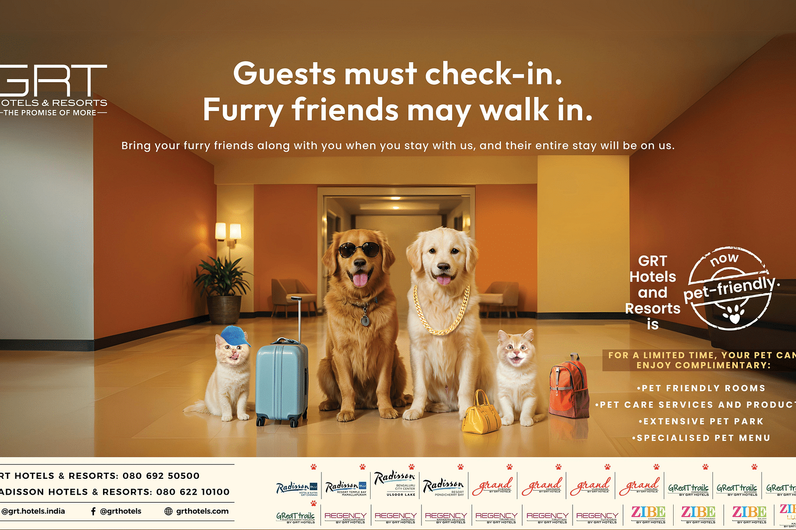 Promotional poster with dogs, cats and luggage, highlighting pet-friendly hotel policies at GRT Hotels