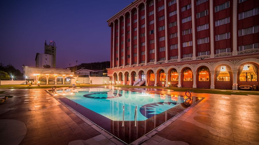 Swimming pool at Sitara Luxury Hotel in Hyderabad near Ramoji Film City during blue hour
