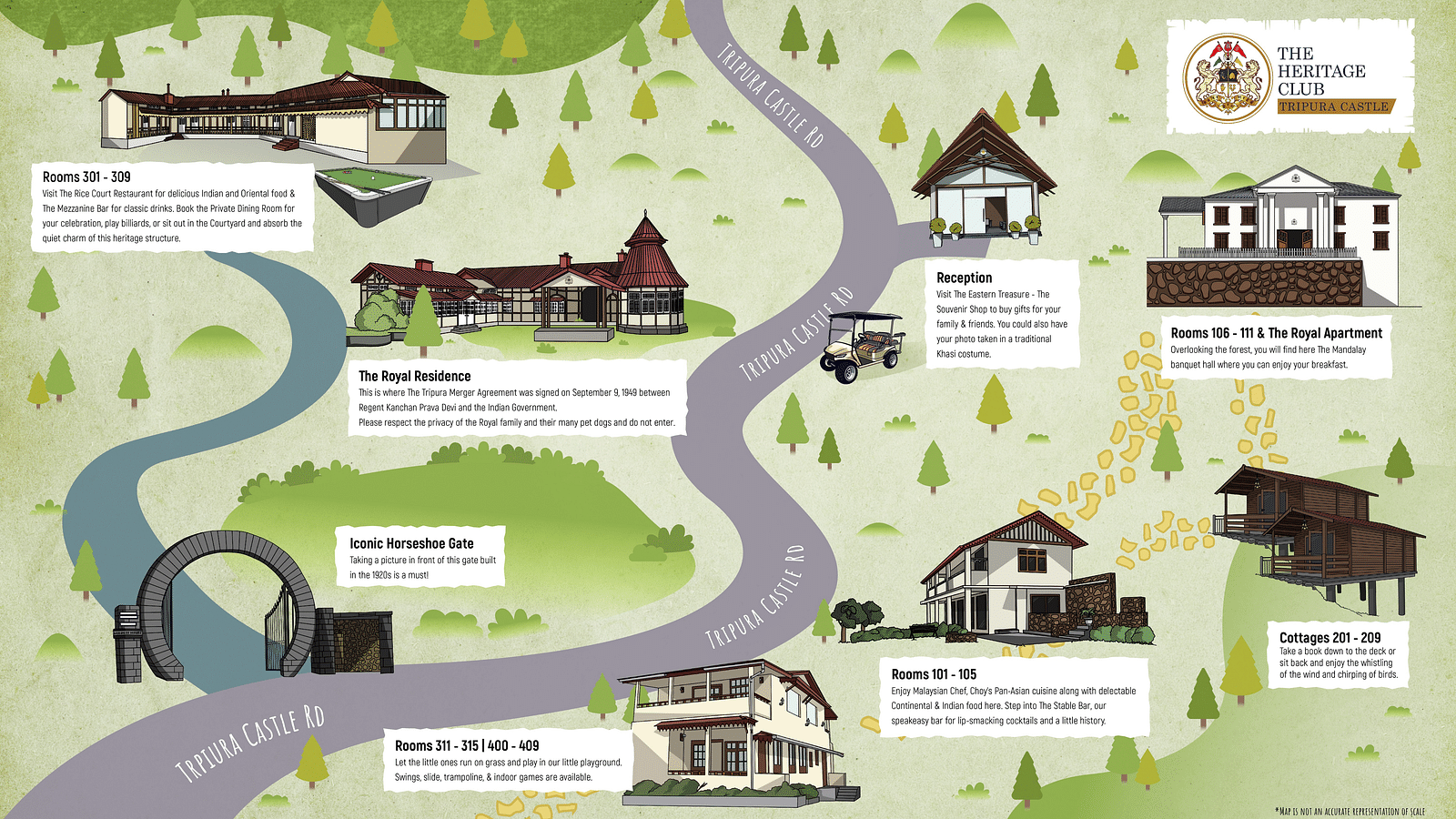 The map illustration of The Heritage Club - Tripura Castle showing different room categories and the way to the buildings