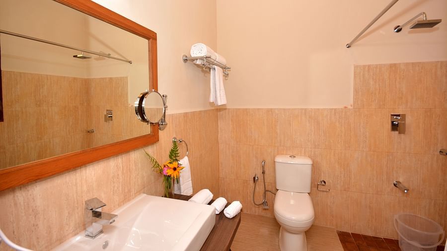 A modern bathroom featuring a vanity area, a mirror, and a clean shower area - BluSalzz Escapade - Anant Rasa Resort