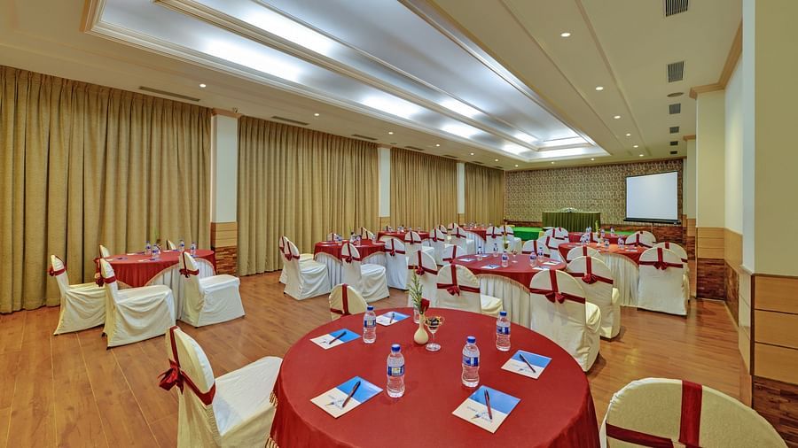 Banquet Hall with red and white theme at the SRM Hotel
