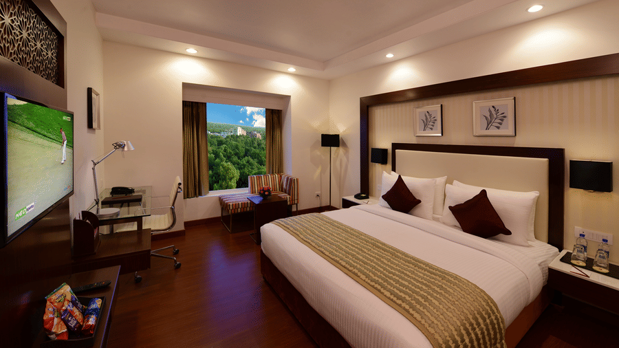 A double bed room with a side table, TV, work desk and window with curtains