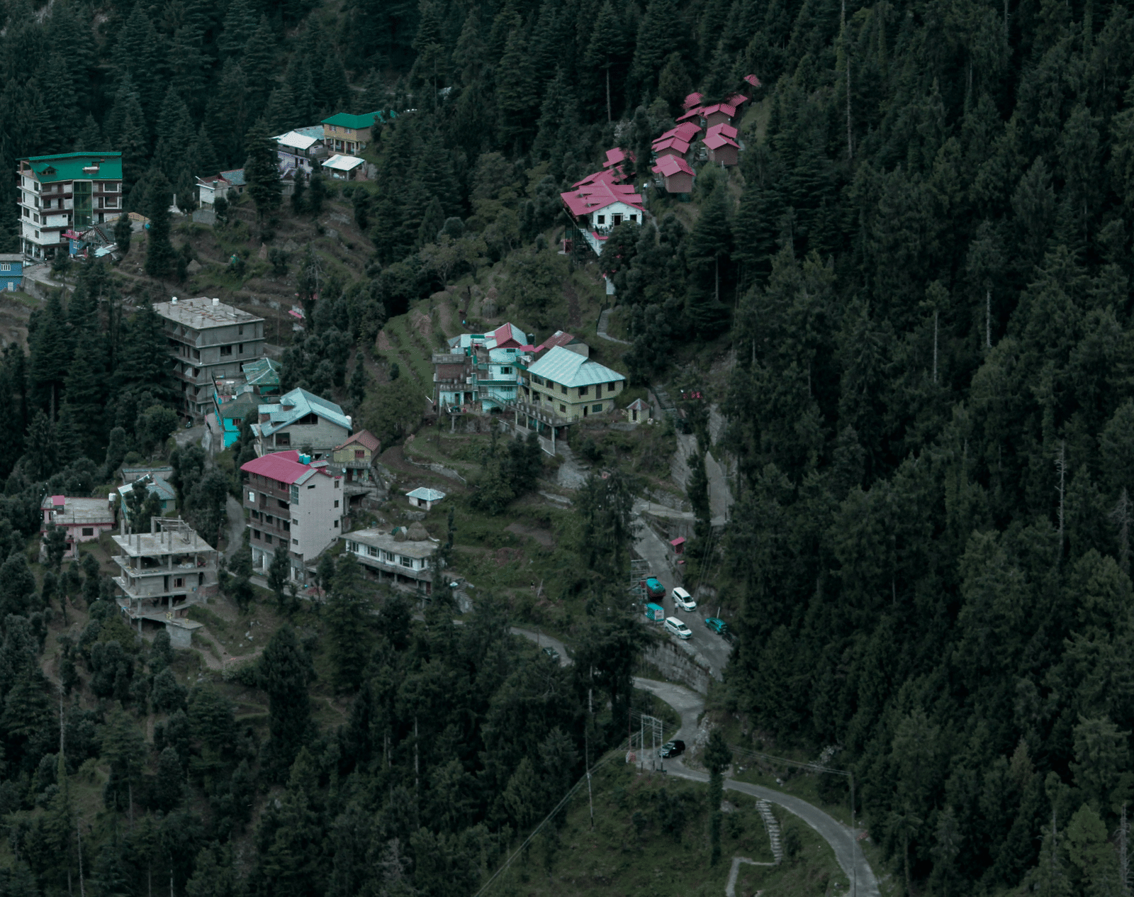An aerial view of Dalhousie with a few buildings in view engulfed by a nearby forest.