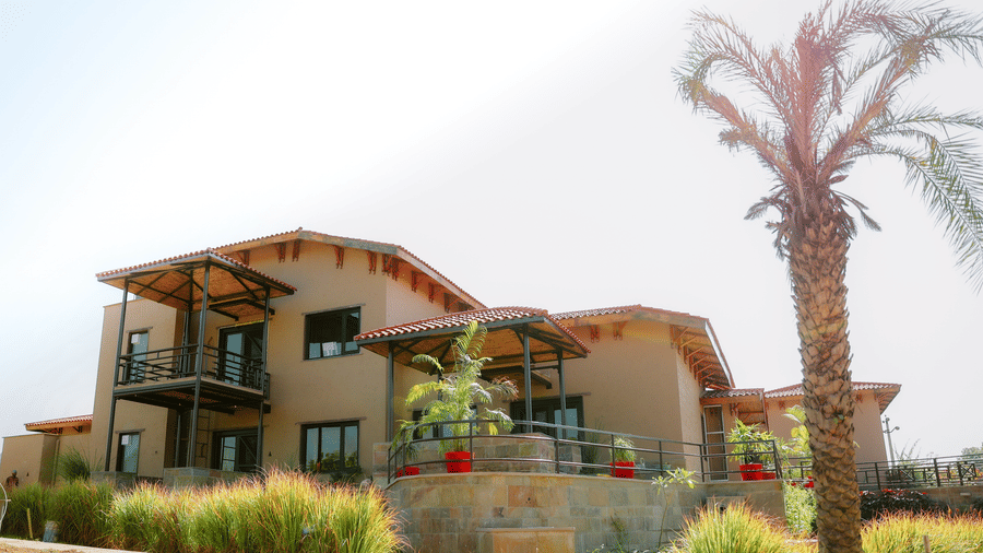 A resort building with a palm tree in the foreground under a bright sky at Aamaghati Wildlife Resort.