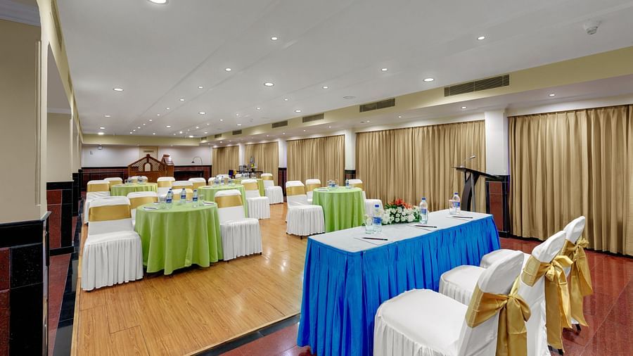 Round table seating arrangement in banquet hall at SRM Hotel Maram Malai Nagar, Chennai