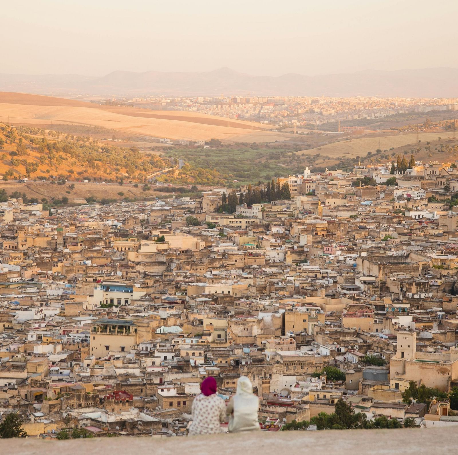 A panoramic view of a bustling city with a historic center surrounded by arid hills.
