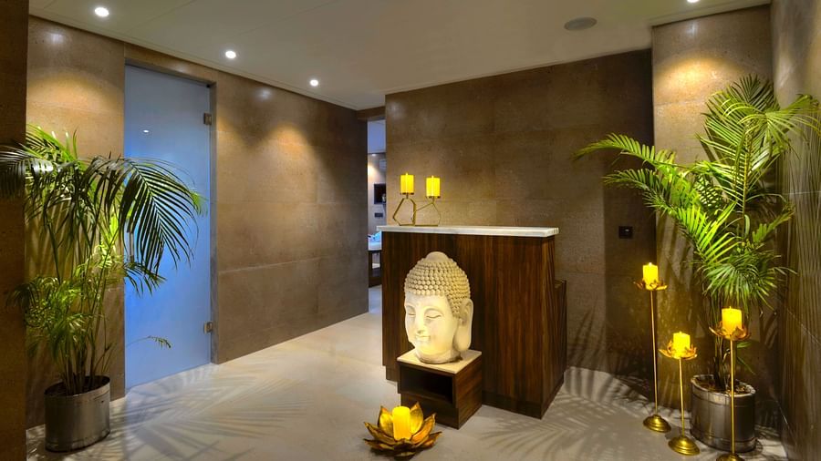 An image of a desk in front of our spa in Agra with potted plants by the side  - Golden Tulip, Agra
