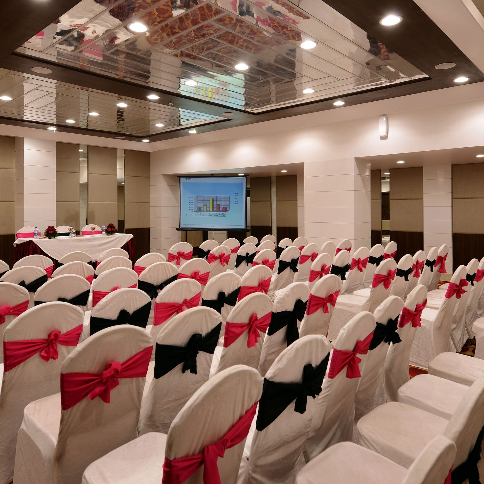 Theatre style seating arrangement with well-lit ambience and a projector screen upfront