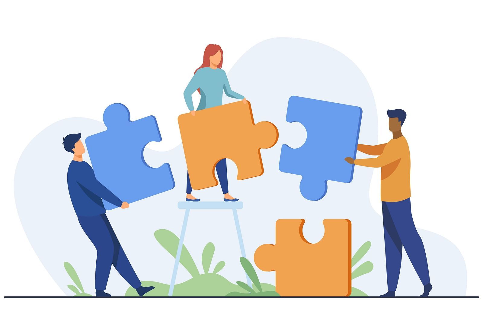 Illustration of a team assembling puzzle pieces, reflecting teamwork and problem-solving.