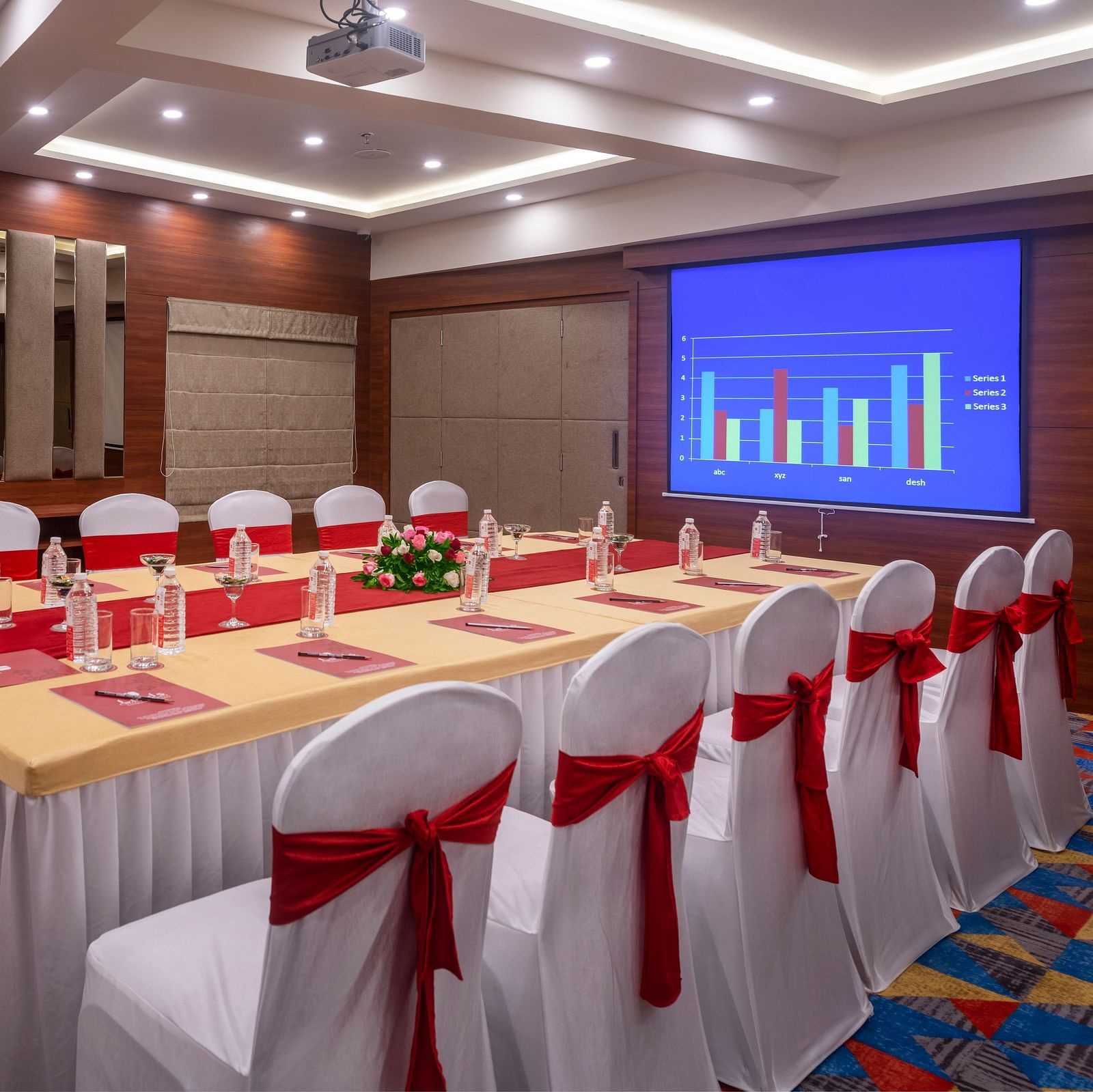 A neatly set up conference room in Lords Eco Inn Shapar Rajkot, featuring its audio visual system and modern interiors.