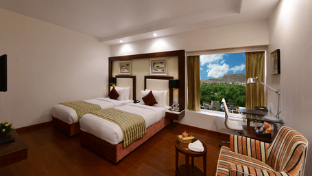Twin bed room with a glass window with greenery view, a sofa and work desk