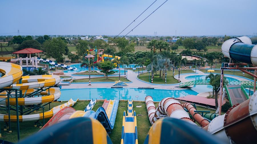 Free fall wavy slide in yellow and blue colour at Crescent Water Park, Indore