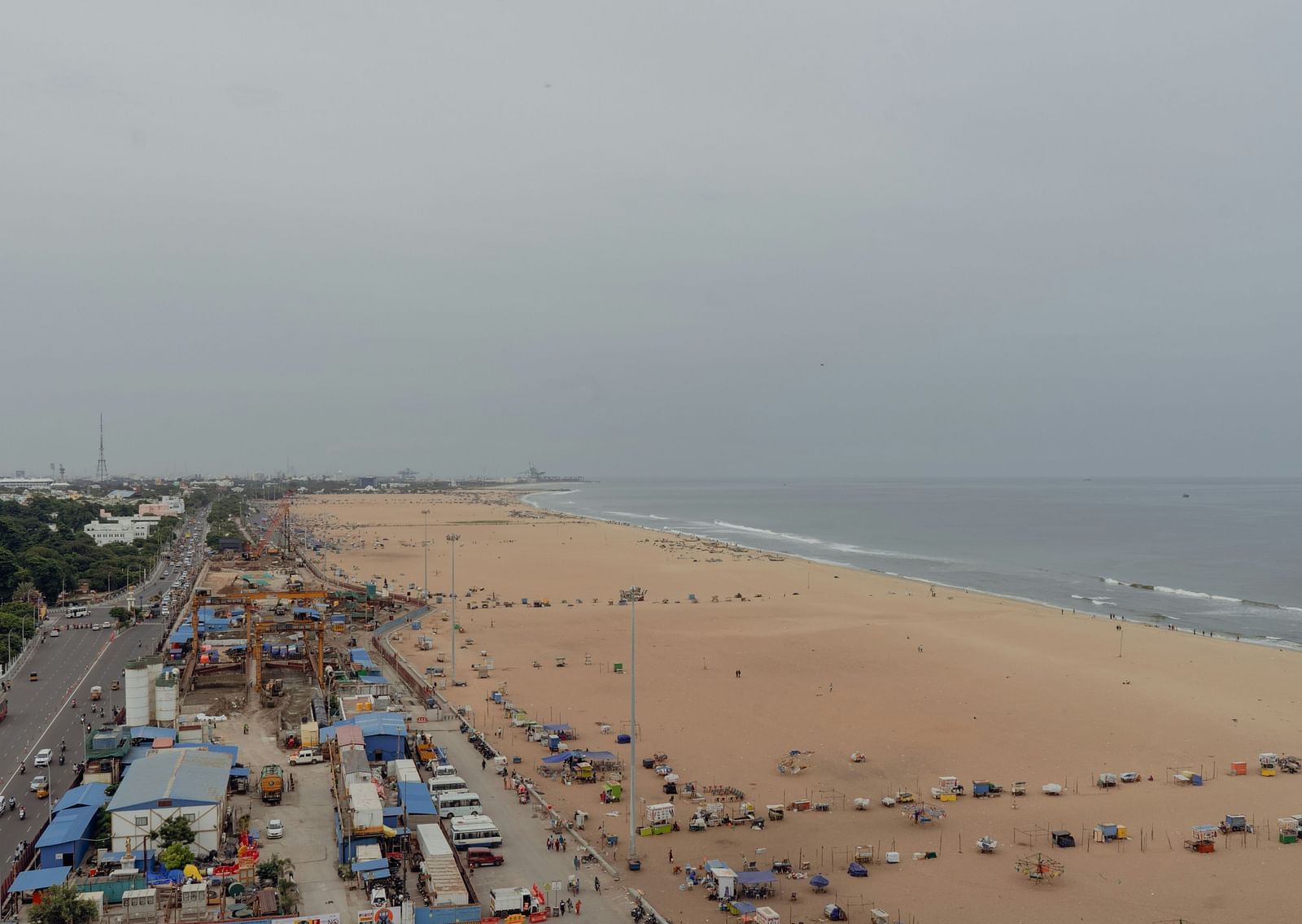 An overview of Marina Beach as seen from above with shore and waves in view.