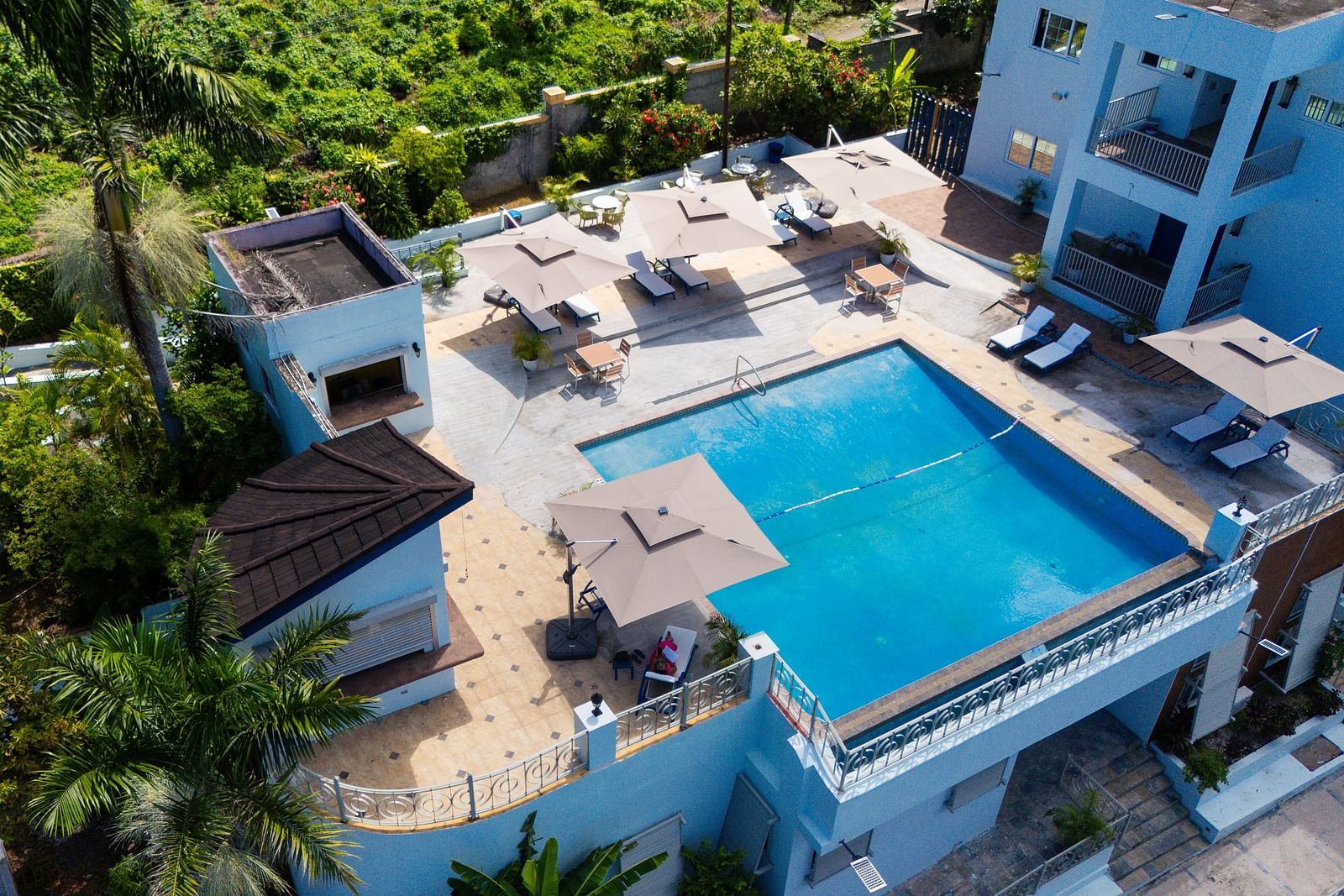 An aerial image of a rooftop pool surrounded by greenery on all sides - Hotel 39, Jamaica (Montego Bay).
