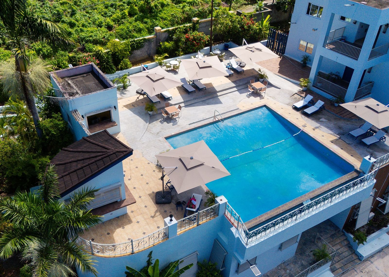 An aerial image of a rooftop pool surrounded by greenery on all sides - Hotel 39, Jamaica (Montego Bay)