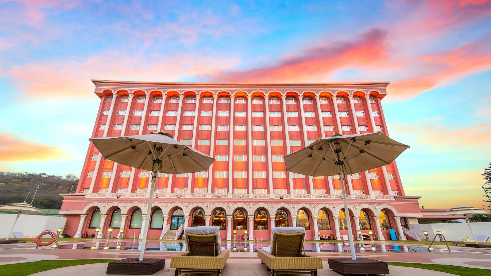 Facade of Sitara Luxury Hotel in Hyderabad near Ramoji Film City during the evening