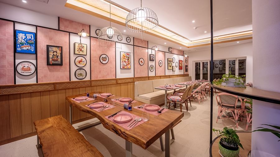 modern pink interiors of mama miso - pan-asian restaurant in goa at heritage village resort and spa
