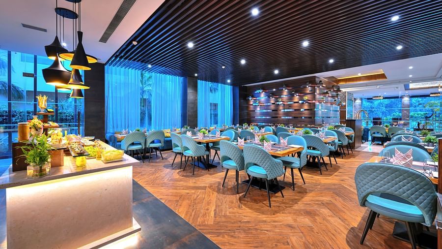 An image of Sumac Restaurant with ambient lighting and comfortable seating arrangement