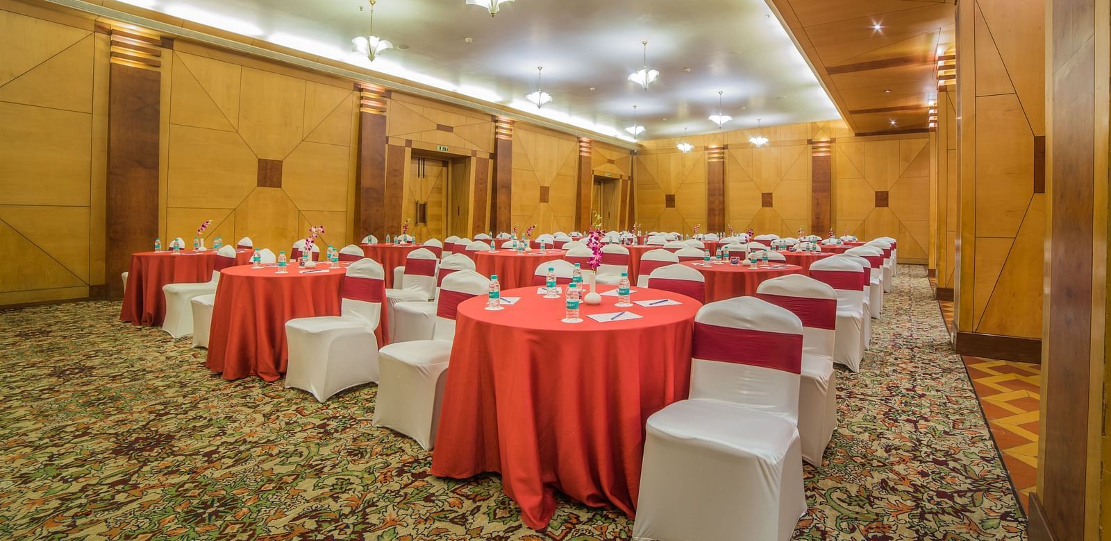 Seating arrangement in Mayfair Hall at Sitara Luxury Hotel in Hyderabad near Ramoji Film City.